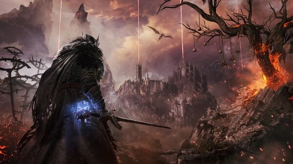 A screenshot from Lords of the Fallen showing a warrior with a glowing sword facing a fiery landscape and distant castle.