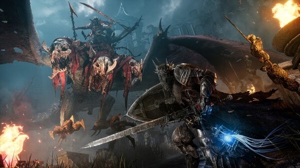 Lords of the Fallen screenshot: A knight battles a flying, dragon-like creature amidst a fiery, dark fantasy landscape.
