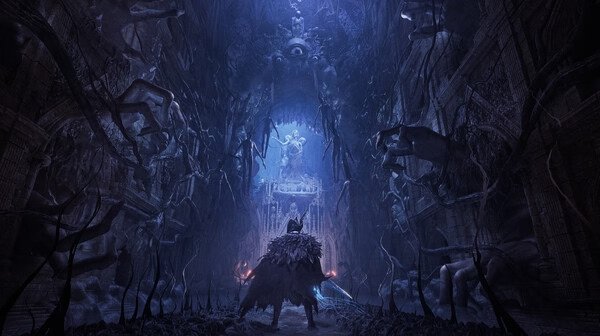 A "Lords of the Fallen" screenshot showing a dark, eerie cathedral with a cloaked figure facing a large glowing statue.