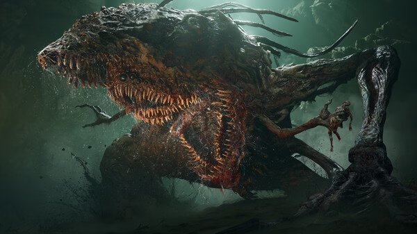 Screenshot from 'Lords of the Fallen' showing a large, menacing creature with sharp teeth in a dark, misty environment.