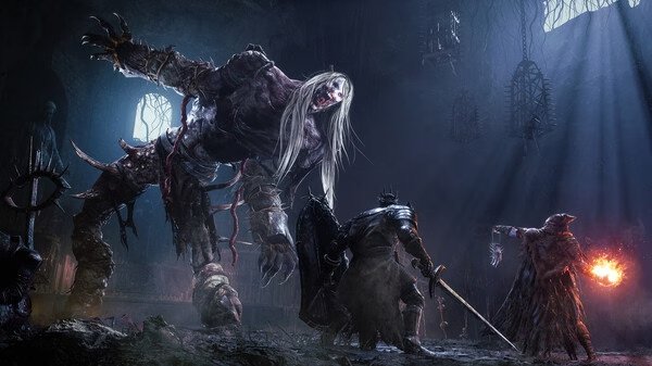 A screenshot from Lords of the Fallen showing a battle with a towering monster, two armored warriors, and a mage casting fire magic.