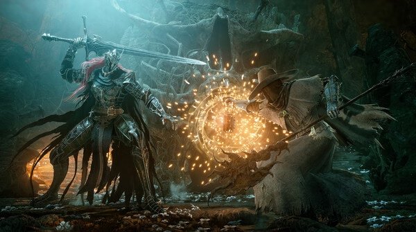 Lords of the Fallen screenshot: Two armored characters engage in a fiery battle under a mystical, dark forest setting.