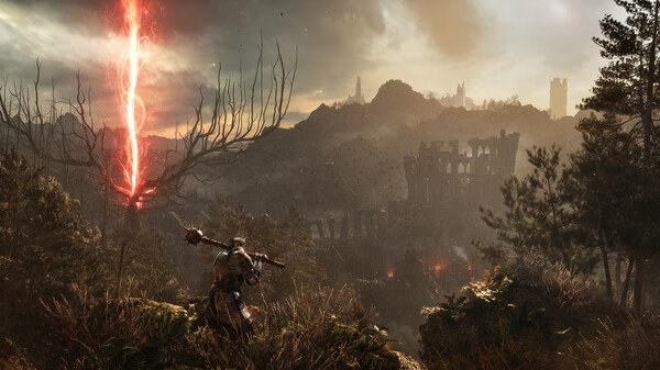 Screenshot from Lords of the Fallen: A warrior faces a fiery red beam in a dark, mountainous landscape with ruins and dense trees.