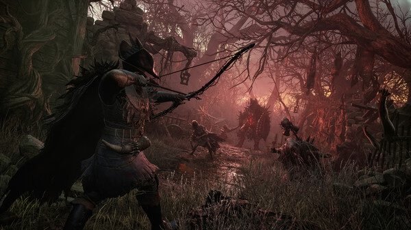 Screenshot from 'Lords of the Fallen' showcasing a lone warrior in dark armor aiming a bow in a shadowy, eerie forest.