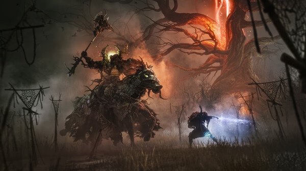 Lords of the Fallen screenshot: A warrior confronts a towering, armored enemy on horseback in a misty, eerie forest setting.