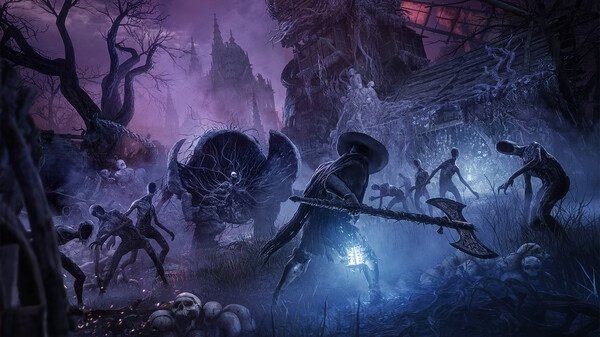 Lords of the Fallen screenshot: A warrior wields an axe, facing eerie figures in a dark, misty environment with a looming castle in the background.