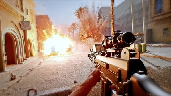 Insurgency: Sandstorm screenshot showing a player's perspective with a rifle aimed at an explosion on a city street.