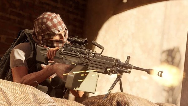 Screenshot from Insurgency: Sandstorm showing a player character firing a machine gun from behind cover in a sunlit environment.