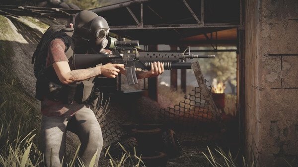 A player character in Insurgency: Sandstorm holds a rifle, aiming near a damaged building in this tactical FPS screenshot.