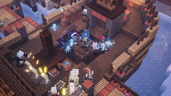 Minecraft Dungeons screenshot: A group of characters with magical effects battle enemies on a wooden ship surrounded by water.