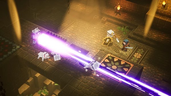 Screenshot from Minecraft Dungeons showing a player with a sword dodging a purple laser trap in a dungeon corridor.
