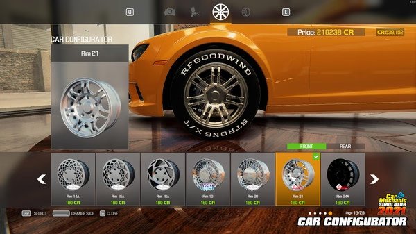 Screenshot from Car Mechanic Simulator 2021 showing the car configurator screen with various rim options for a sports car.