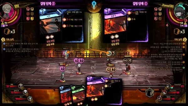 Library Of Ruina screenshot: Characters engage in a card-based battle on a detailed board with cards and stats displayed.