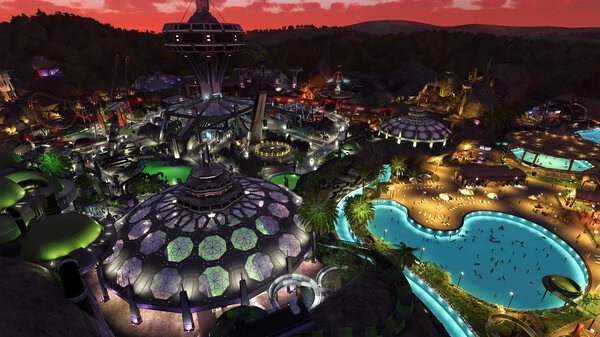 Planet Coaster 2 screenshot featuring a futuristic theme park with lit-up rides, domed structures, and a vibrant nighttime setting.