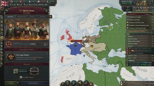 Victoria 3 screenshot: A political map showing the British Empire's influence in Europe, alongside a detailed diplomatic panel.