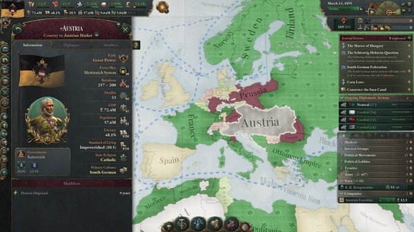 Victoria 3 screenshot: A map view of Europe highlights Austria. Panels show Austria's detailed stats and objectives.