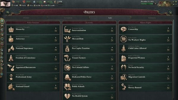 Victoria 3 screenshot showing the Politics menu. Various laws are visible under categories like Economy and Human Rights.