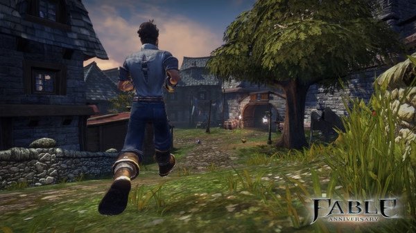 A screenshot from Fable Anniversary shows a character running through a medieval village with stone buildings and a large tree.