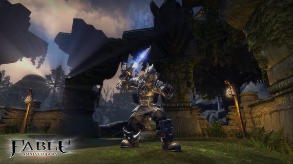 A screenshot from Fable Anniversary showing a warrior in armor wielding a glowing sword in a lush, ruined landscape.