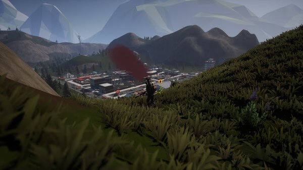 SurrounDead screenshot: A lone character stands on a grassy hill overlooking a town with mountains in the background.