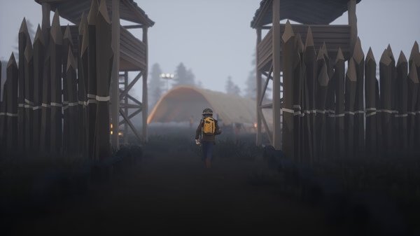 Screenshot from SurrounDead showing a lone survivor with a backpack walking towards a fortified camp under a foggy sky.