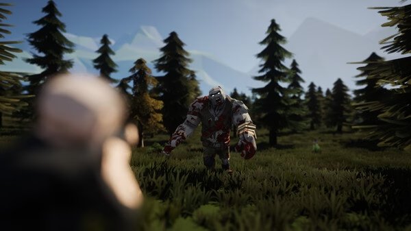 SurrounDead screenshot: A player aims at a large, bloodied zombie approaching in a forested area with mountains in the background.