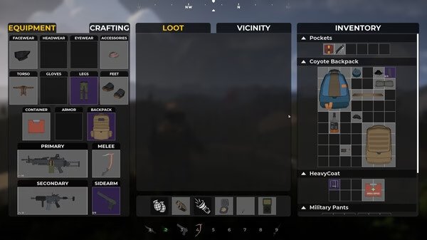 Screenshot from SurrounDead showing inventory and crafting menu with items like a backpack, weapons, and clothing options.