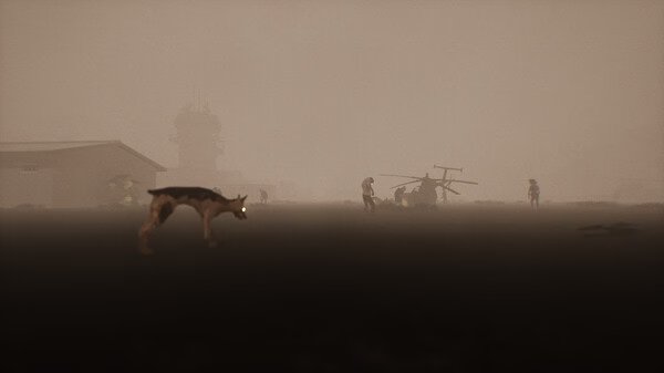 SurrounDead screenshot: A foggy landscape with a dog, a helicopter, and figures in the distance near a building and radar tower.