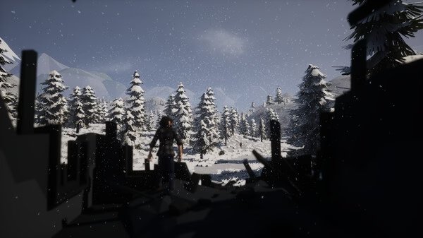 SurrounDead screenshot: A lone survivor stands in a snowy forest surrounded by ruined structures under a cloudy sky.