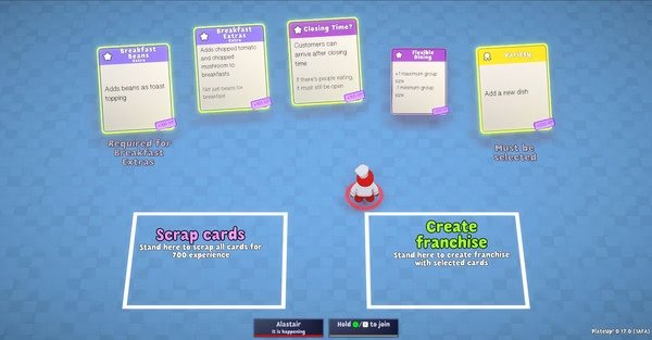 PlateUp! screenshot: A character stands between two options, "Scrap cards" and "Create franchise," with various upgrade cards visible.