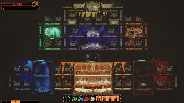 A screenshot of Lobotomy Corporation showing the facility layout with various containment units and colorful managerial interface elements.