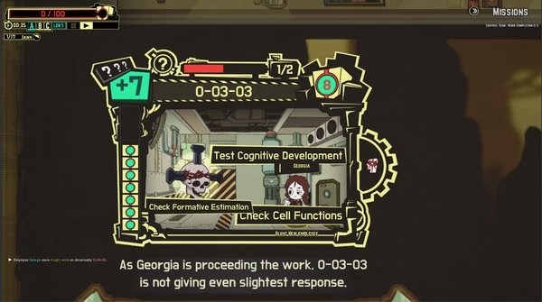 Screenshot from Lobotomy Corporation showing facility room 0-03-03, with options for cognitive development and cell functions testing.