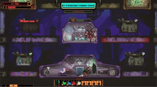 Screenshot of Lobotomy Corporation showing facility rooms, abnormal creatures, and staff members managing tasks on Day 31.