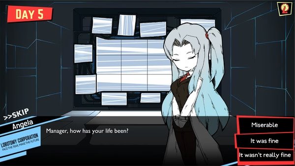 Lobotomy Corporation screenshot: Angela, a white-haired character, stands in front of monitors, asking the manager about their life.