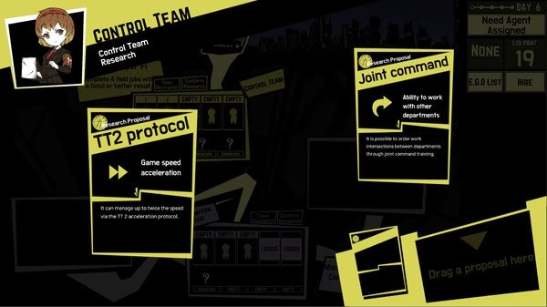 Lobotomy Corporation screenshot: Control Team interface showing research options, including "TT2 protocol" and "Joint command" descriptions.