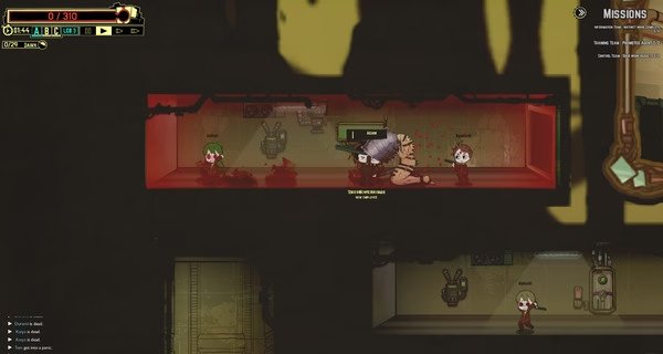 Screenshot from Lobotomy Corporation showing employees battling an abnormality in a blood-splattered containment room.