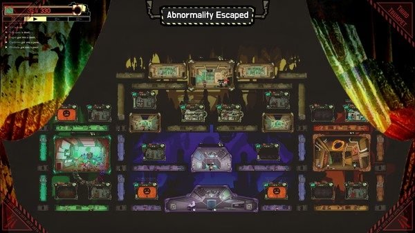 Lobotomy Corporation screenshot: A management screen shows escaped abnormalities and various facility rooms with colorful designs.