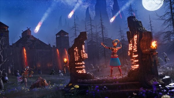Screenshot from Conan Exiles Enhanced: A character in colorful armor stands on a stone platform amidst a dark, mystical landscape.