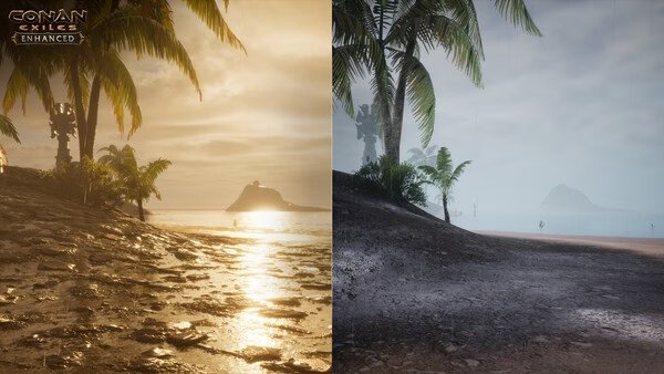Screenshot from Conan Exiles Enhanced shows a tropical island scene, contrasting sunset and overcast weather on a sandy shore.