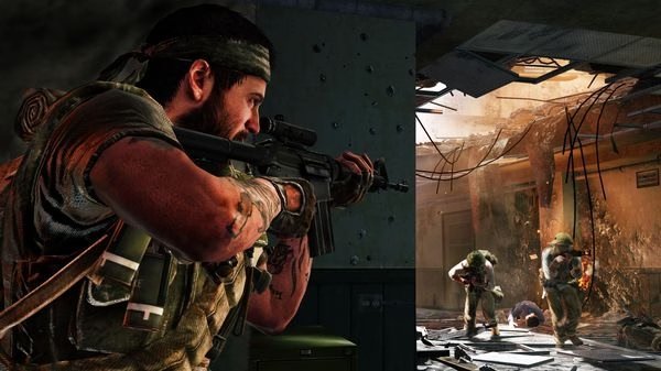 A Call of Duty: Black Ops screenshot showing a soldier aiming a rifle, with two others in a damaged building amidst debris.