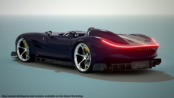 Screenshot from 'Automation - The Car Company Tycoon Game' showing a sleek, dark blue sports car with illuminated rear lights.
