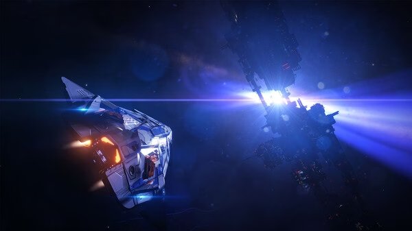 Spaceship approaching a space station with bright lights in an 'Elite Dangerous' screenshot.