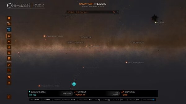 Screenshot from Elite Dangerous showing a galaxy map interface with stars and navigation options.