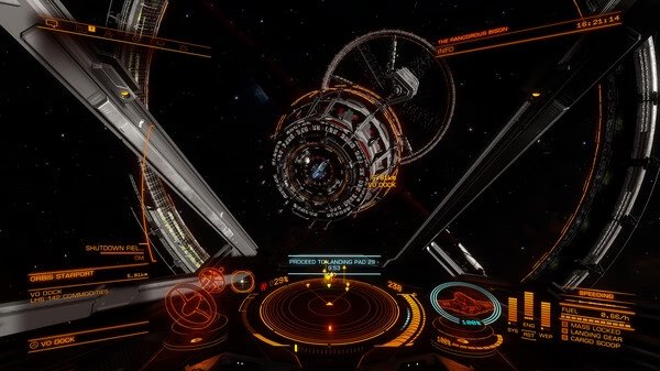 Screenshot from Elite Dangerous showing a spacecraft's cockpit HUD approaching a space station with detailed navigation info.