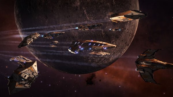 Spaceships fly near a rocky planet in this Elite Dangerous screenshot, showcasing a fleet in deep space.