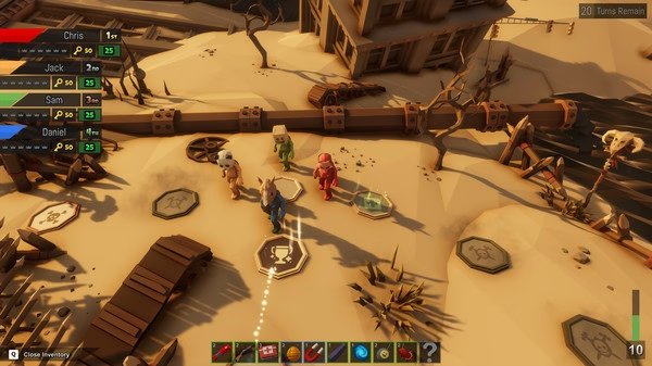 Screenshot from Pummel Party showing four characters in a snowy landscape, near a broken pipe and an old building.