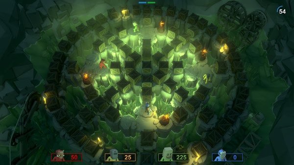 Pummel Party screenshot: Players navigate a glowing maze surrounded by crates, aiming to outmaneuver opponents in a competitive mini-game.