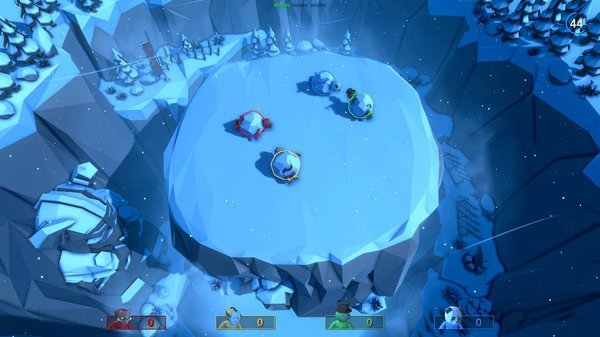 Pummel Party screenshot: Four colorful characters battle on a snowy platform, surrounded by icy cliffs and pine trees.