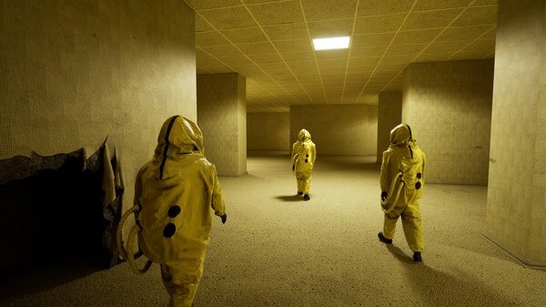 Screenshot from Backrooms: Escape Together showing three figures in yellow hazmat suits walking through dimly lit, maze-like corridors.