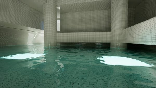 Screenshot from Backrooms: Escape Together showing a tiled, flooded room with columns and glowing light reflections on water.